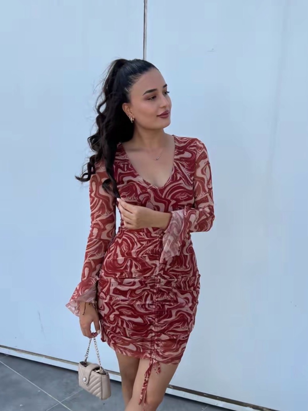 Brown Printed Ruched Mesh Mini Dress – Size S